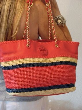 TORY BURCH MARION STRAW & LEATHER COLOR BLOCK TOTE